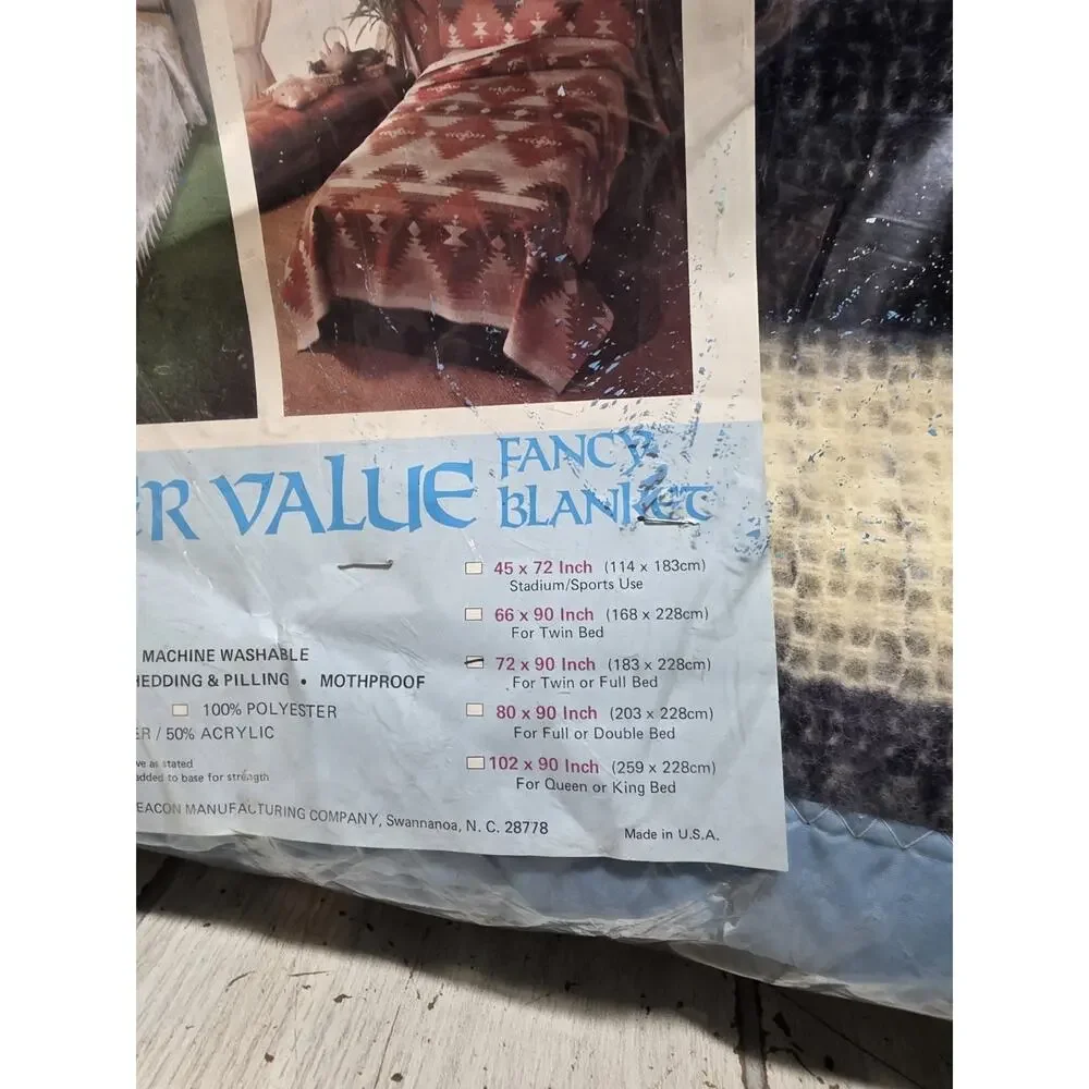 Vtg Super Value by Beacon Satin Trim Blanket Twin/Full Blue White Plaid USA NOS